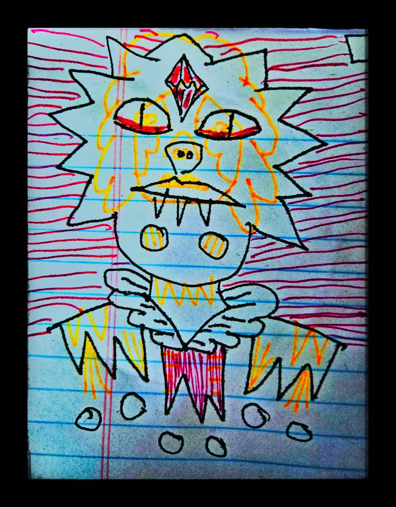drawring: portrait of a sff-ish fanged slit-eyed crystal-foreheaded person