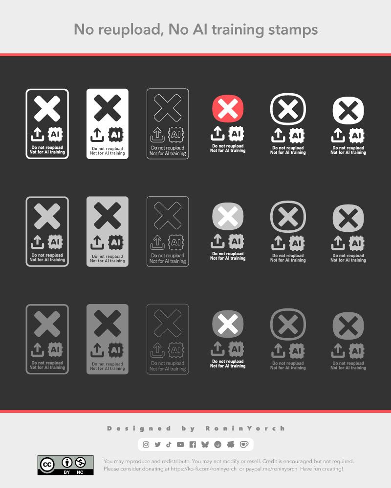 24 monochrome stamp variations with a big X symbol, smaller upload and AI icons and the legend "Do not reupload, do not use in AI training". The text "Designed by RoninYorch" a Creative Commons label and links to the creator donation pages.