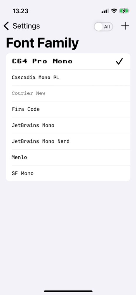 Screenshot of Secure ShellFish font settings showing the selected font C64 Pro Mono then Cascadia Mono PL, Courier New, Fira Code, JetBrains Mono, JetBrains Mono Nerd, Menlo & SF Mono.

Above the list of fonts is a switch to show All fonts and a plus button.