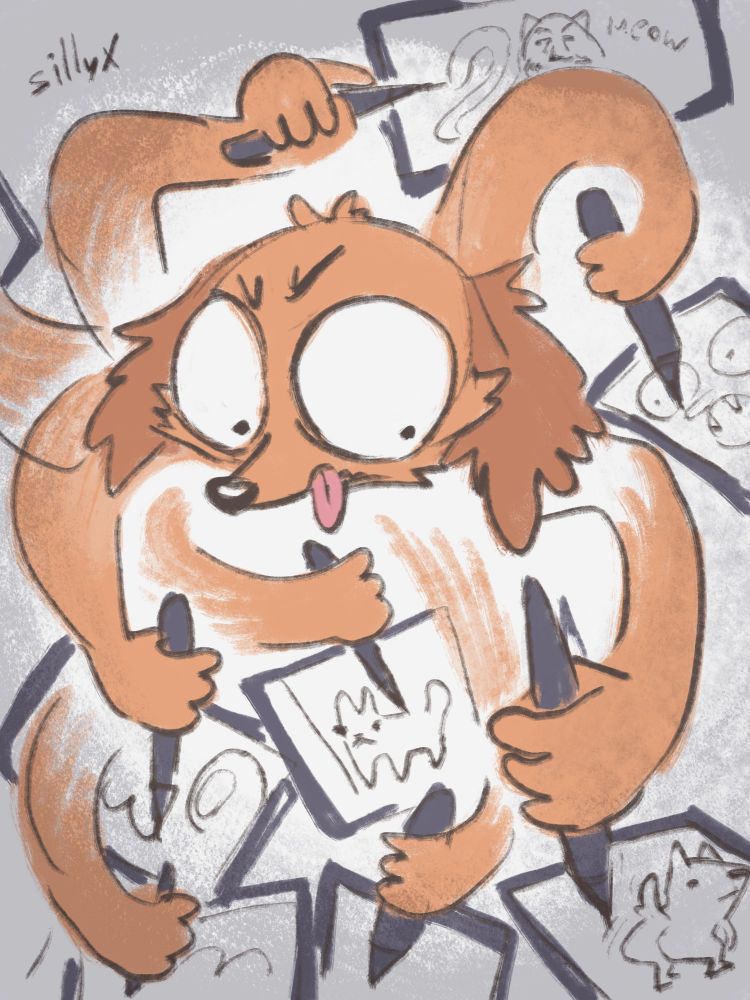 A sketch where I anxiously draw different works on several graphic tablets at the same time with my hands multiplying.