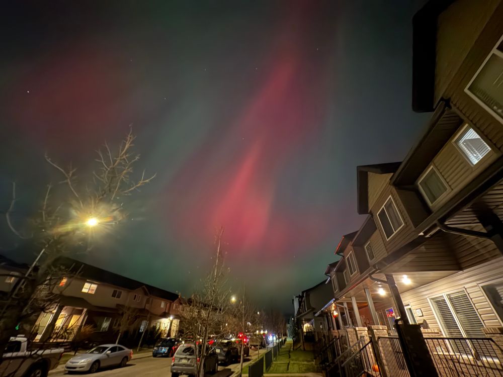 Red and green Aurora light up the sky over a residential street in Saskatoon