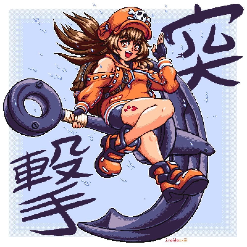 pixel art illustration of May from Guilty Gear, grasping a large anghor with her right hand and waving with her left