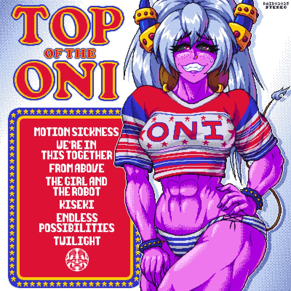 pixel art album cover illustration of a muscular pink demon girl with long twin-tail hair in a pin-up pose with one hand on her hip. she is wearing a red-white-and-blue short-cut sweater, a blue and white striped bikini bottom, and blue and gold spiked bracelets. she is grinning awkwardly and avoiding the camera's gaze.