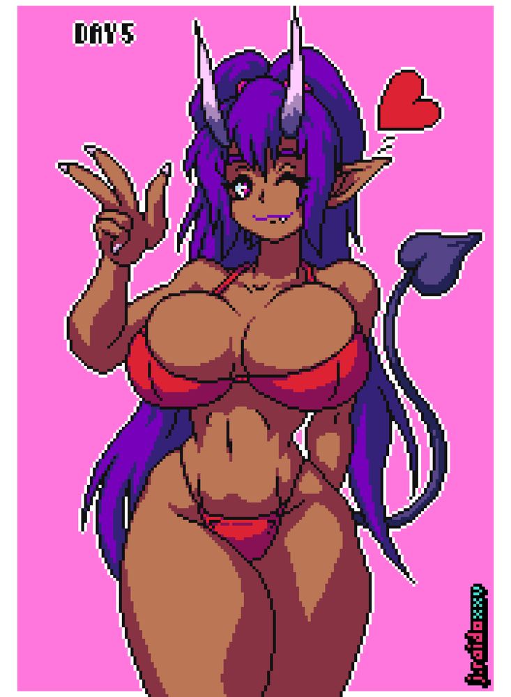 pixel art illustration of a busty anime demon girl wearing a red bra that is several sizes too small, winking towards the viewer
