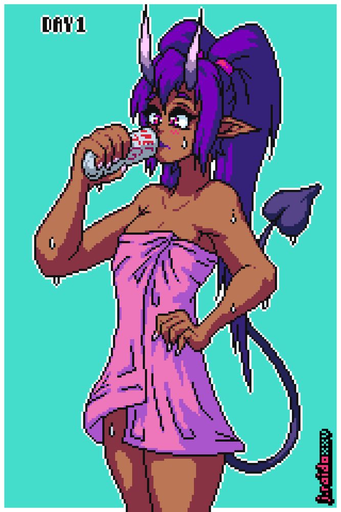 pixel art illustration of a petite anime demon girl wearing a pink towel after a bath, drinking a beverage from a large can