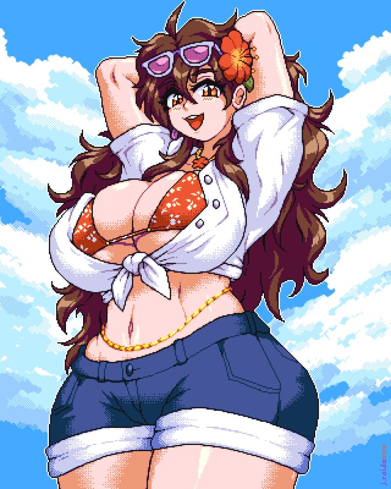 pixel art illustration of a busty woman with long brown hair, holding her arms up with her hands behind her head, thrusting her hips forward, viewed from a low angle. she is smiling and looking down toward the viewer, and is wearing a white tied shirt with an orange bikini top underneath, blue denim shorts, pink sunglasses and an orange flower in her hair