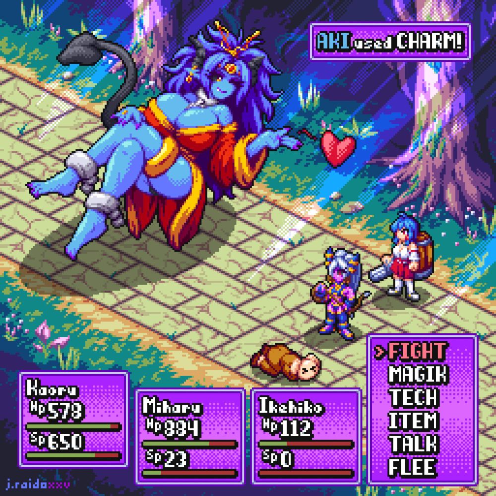 pixel art illustration of an isometric RPG battle scene in the style of Breath of Fire. three player characters -- a blue-haired shrine maiden wielding a gatling gun (Kaoru), a pink demon girl with large horns wielding a whip (Miharu), and a cowering bald monk (Ikehiko) -- are facing off against a large blue demon girl (Aki) as a boss. the boss demon is floating in a sultry pose, and winking toward Kaoru using a charm move. the characters are standing on a cracked stone path leading through a forest with light filtering in through the trees above
