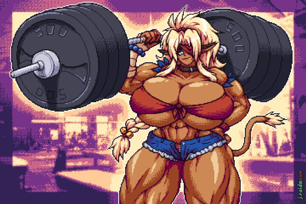 pixel art illustration of a tanned muscular woman with messy blonde hair, long fuzzy ears and a tail. she is wearing a skimpy red top which is barely containing her ample bosom, and denim cutoff shorts which are open at the zipper. she is holding up a massive barbell with one arm, effortlessly showing off her strength