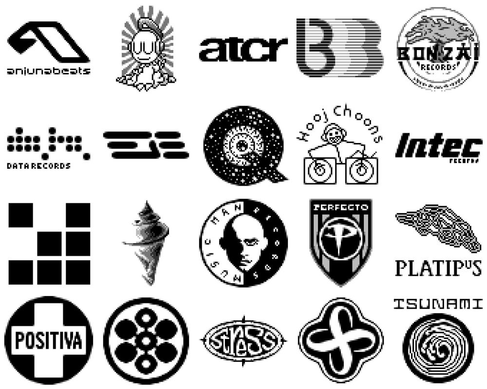 pixel art renditions of 20 different music label logos