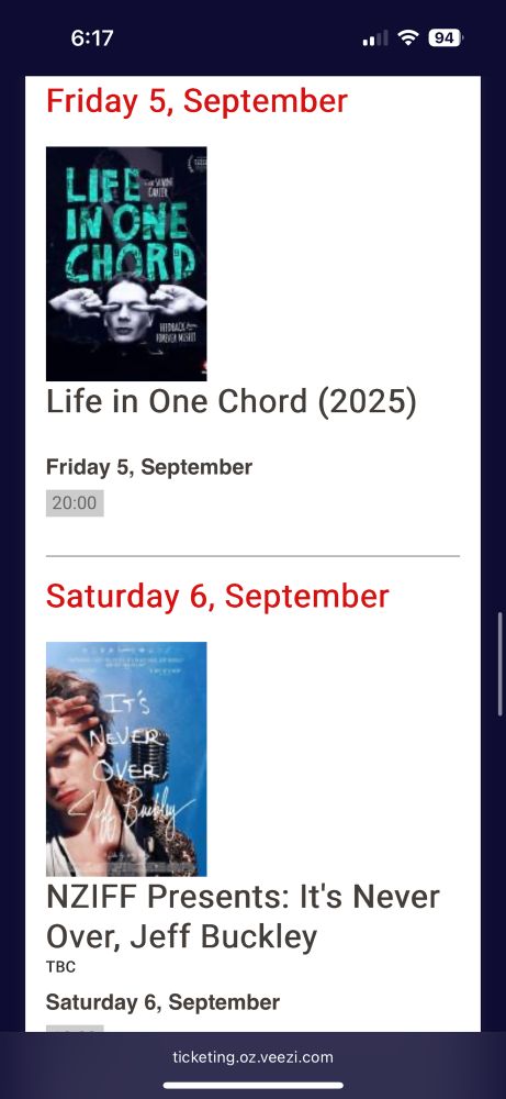 Screen shot of film listings showing Life in One Chord a doco about Shayne Carter, and Its Never Over a doco about Jeff Buckley are playing the weekend of the 5th Sept at the Hollywood Avondale. 