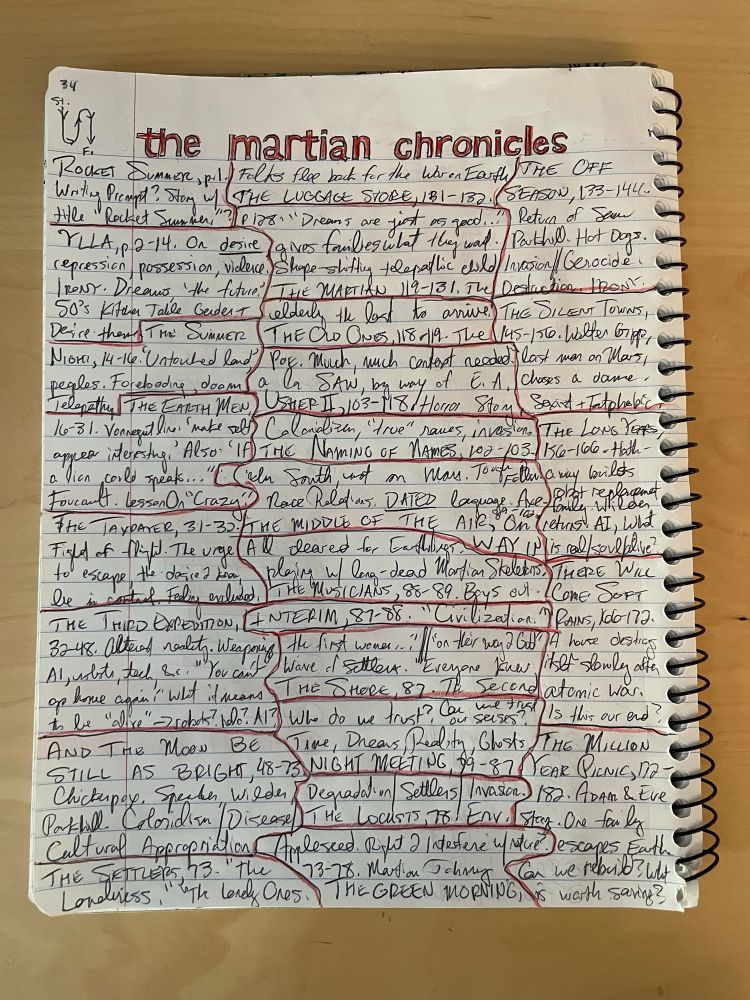 A completely covered handwritten page in a notebook with various themes and questions on the Martian chronicles 