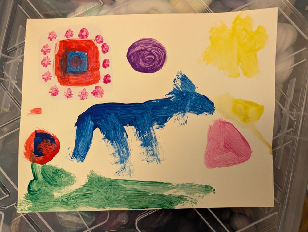 a blue dog named Hot Dog, grass, a Spider-Man flower, the sun, and some shapes Piggie Jr told me to add that he said Joe would like