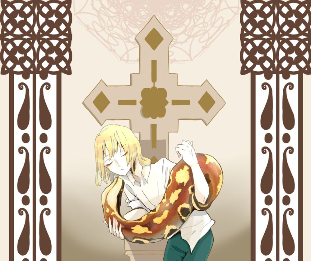 ブラッドパイソンを抱っこしている細身の青年の絵。