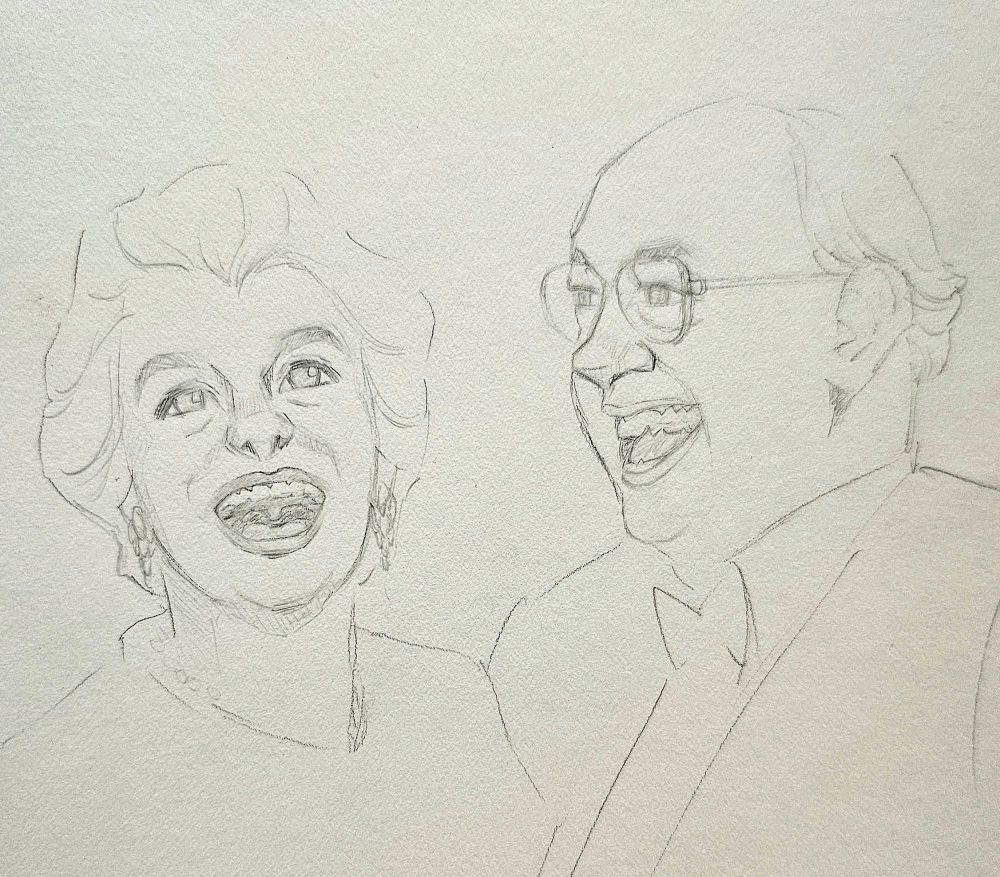 Sketch of an old couple smiling and laughing. WIP