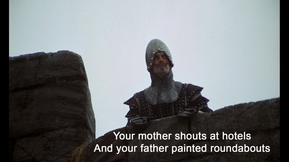 A scene from Monty Python and the Holy Grail. A knight in chainmail and helmet stands on a stone wall looking down. White subtitles at the bottom of the image read: “Your mother shouts at hotels / And your father painted roundabouts.”