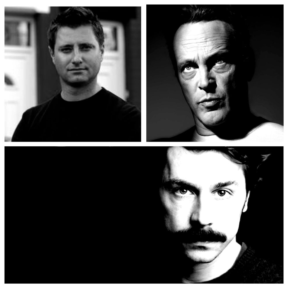 A black-and-white collage featuring three men. Top left: George Clarke smiling gently. Top right: Vince Vaughn looking upward, lit dramatically. Bottom: Mike Wozniak with his signature thick moustache looking broody. Together, they form a three-part portrait of the user’s male celebrity crushes.
