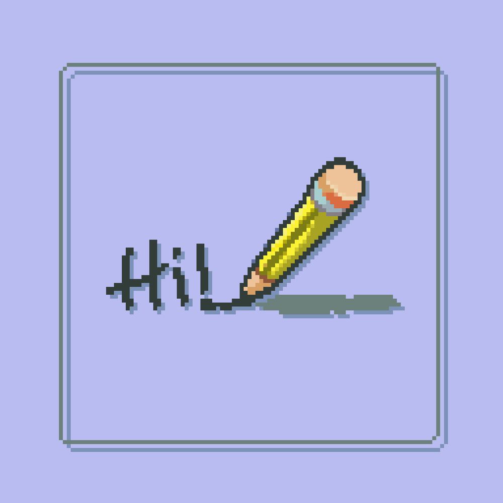Pixel art of a yellow pencil writing the word 'hi!' in black ink on a light purple background. The pencil casts a gray shadow, and the scene is framed by a thin, double-lined square border