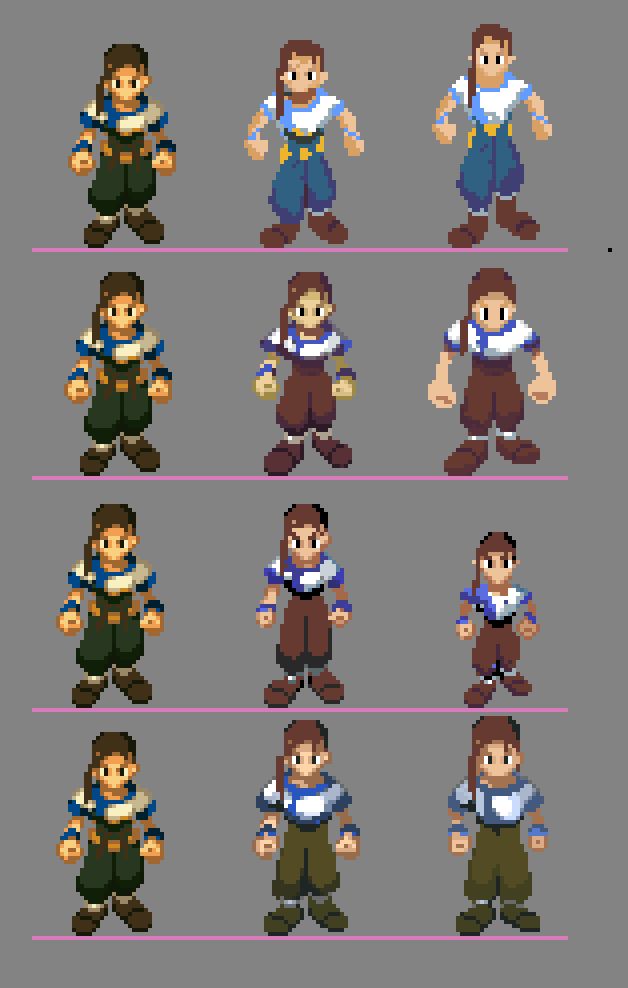 Image showing a series of pixel art studies inspired by Xenogears. Each row features progressively refined versions of characters, showcasing various color palettes, poses, and proportions