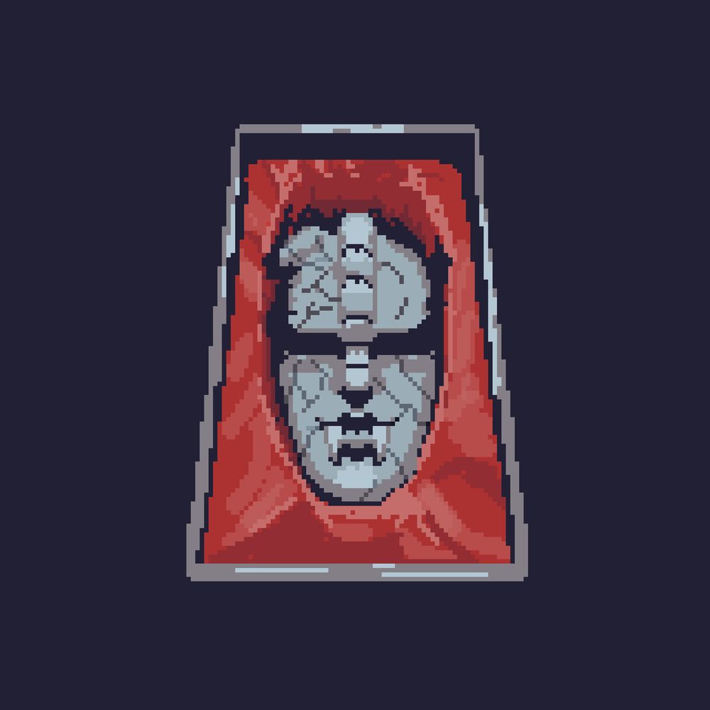 Pixel art of the Stone Mask from JoJo's Bizarre Adventure. The mask has a cracked, pale stone face with vertical protrusions running down the forehead and over the mouth. It's framed by a dramatic red background, giving it a sinister, ancient artifact feel. The mask appears embedded or resting in a dark red cloth-lined case, set against a dark navy background