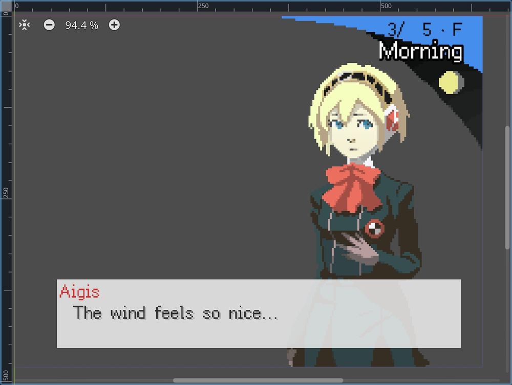 A screenshot from my Persona 3 retro demake project, showcasing a pixelated scene with Aigis standing outdoors. The text reads, 'The wind feels so nice...' The morning setting evokes a calm and nostalgic atmosphere, staying true to the original game's tone while embracing a retro aesthetic. The UI and art style reflect a deliberate demake approach, blending classic pixel art with Persona 3's iconic style