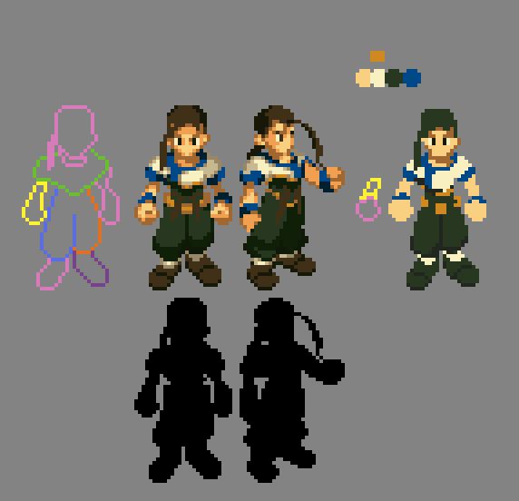 Image showing the process of a Xenogears-inspired pixel art study. Includes silhouette exploration, rough linework, color palette selection, and multiple iterations of a character sprite
