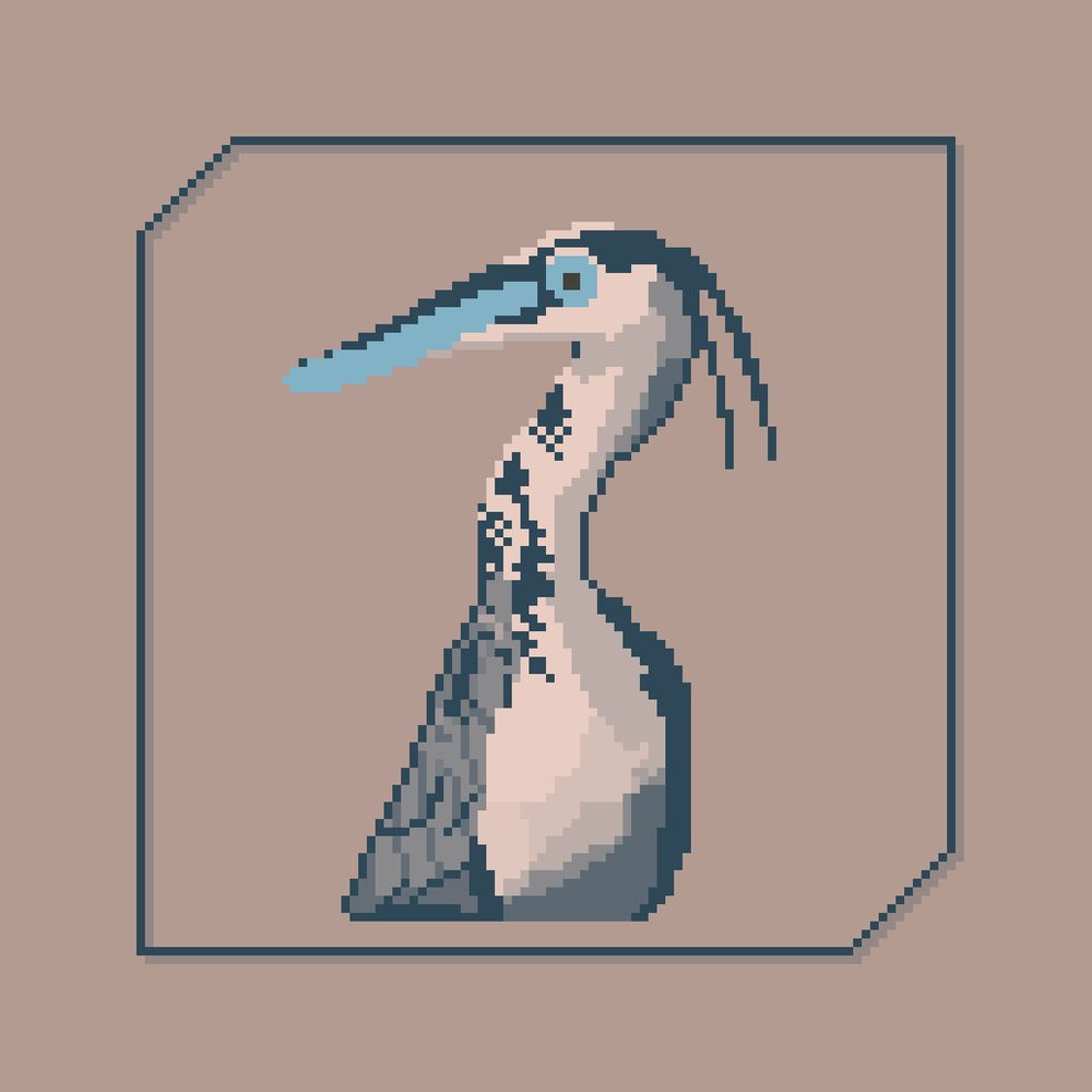 Pixel art of a stylized heron with a long light blue beak, a slender white neck speckled with dark markings, and soft grey wings. The bird is framed by a simple thin blue border on a muted mauve background