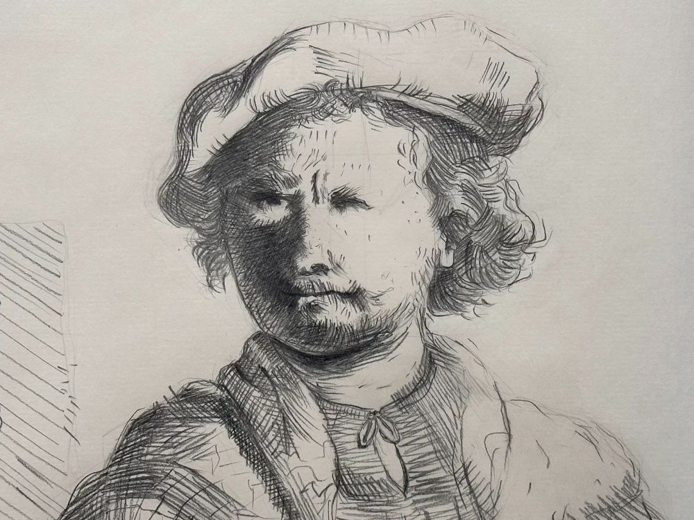 A cross-hatched pencil study of a Rembrandt portrait. The drawing features a man with curly hair, wearing a beret and a loose garment. Strong contrasts between light and shadow create depth, with detailed cross-hatching used for shading