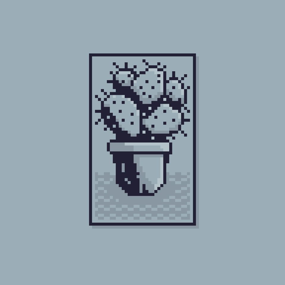 Pixel art illustration of a potted cactus, rendered in a monochrome blue palette. The cactus has multiple rounded pads with tiny black spines, and the pot casts a shadow to the lower left. The background features a checkered texture, framed by a dark border