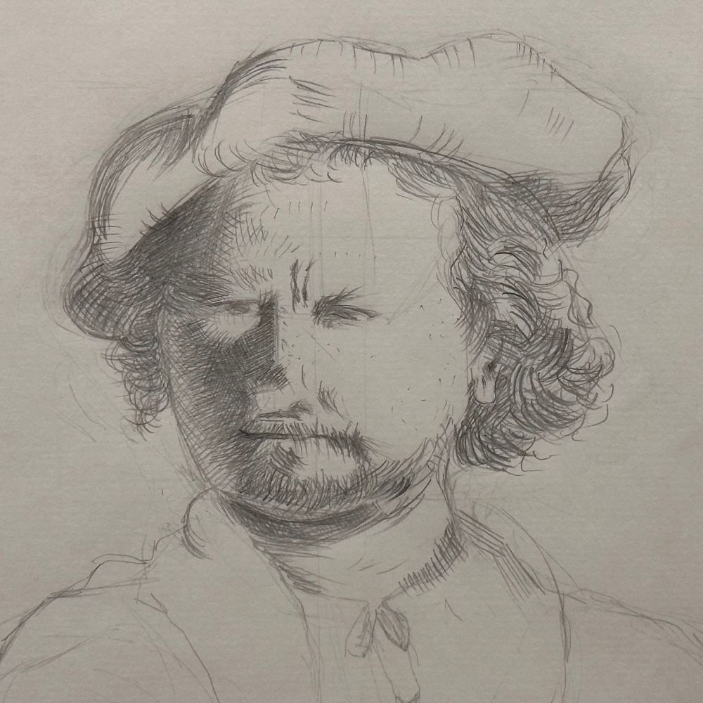 work-in-progress cross-hatching study of a Rembrandt portrait