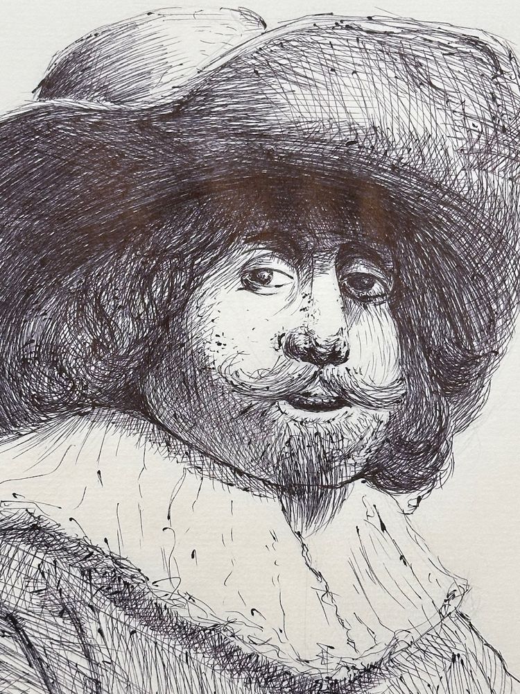 A ballpoint pen sketch inspired by Rembrandt, depicting a man with a wide-brimmed hat and a ruffled collar