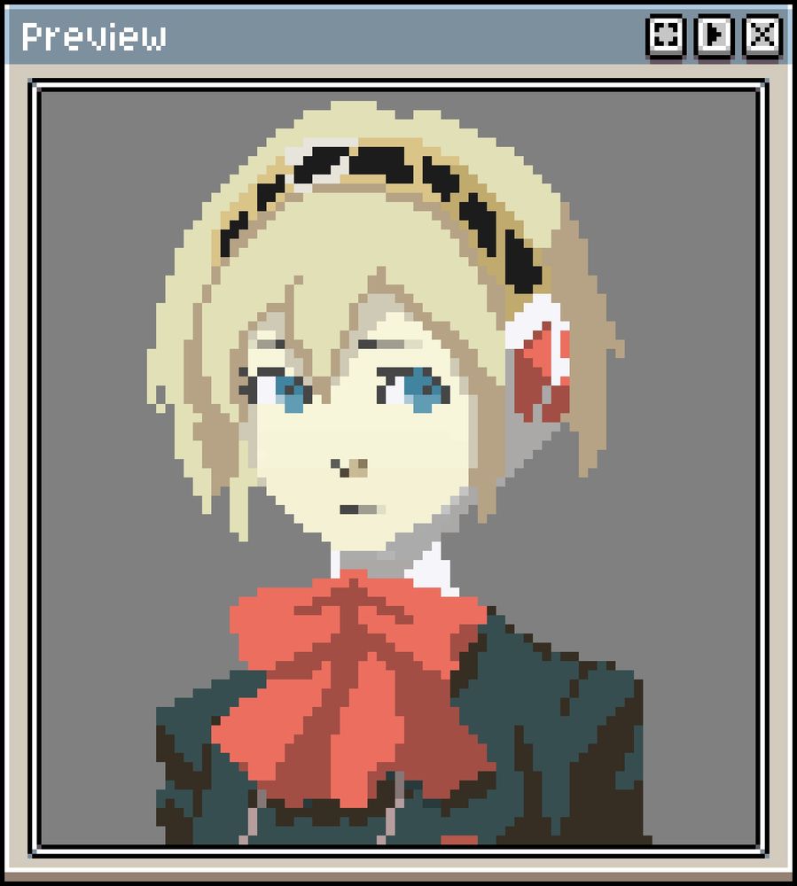 A pixel art portrait of Aigis from Persona 3, drawn in a retro style reminiscent of older video game graphics. She has short blonde hair, blue eyes, and wears a black headband with gold details. A red and white mechanical ear attachment is visible on the side of her head. She is dressed in a dark outfit with a large red bow at the collar. The image is displayed within an Aseprite 'Preview' window
