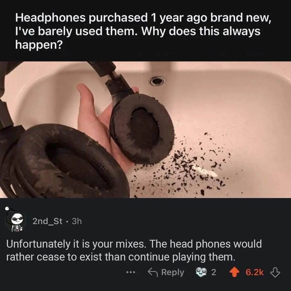 A picture of headphones where the foam pads have disintegrated, user asks why thus happens after only a year.

Highly up voted comments suggests the users mixes suck so bad the headphones would rather die than continue playing them.