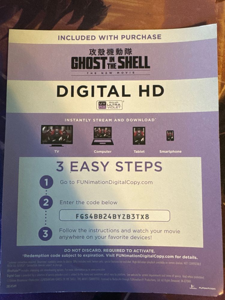 Shows a code for rumination digital copy which can’t be used because crunchyroll took over. 