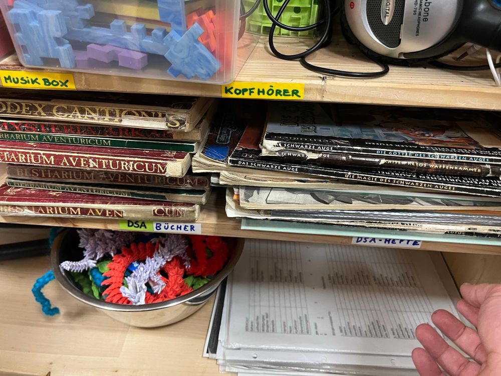 Foto von unserem Schränken mit DSA Büchern. 