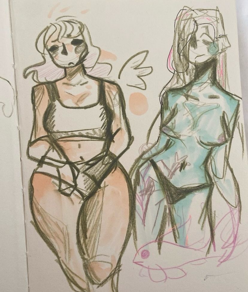 Simple sketches of women in very little clothing. Colored with with pale pink and blue markers.