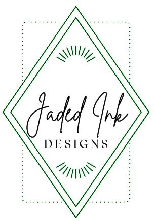 Image is a diamond shaped logo with the words Jaded Ink Designs in the center and short lines in a radial pattern above and below the text.