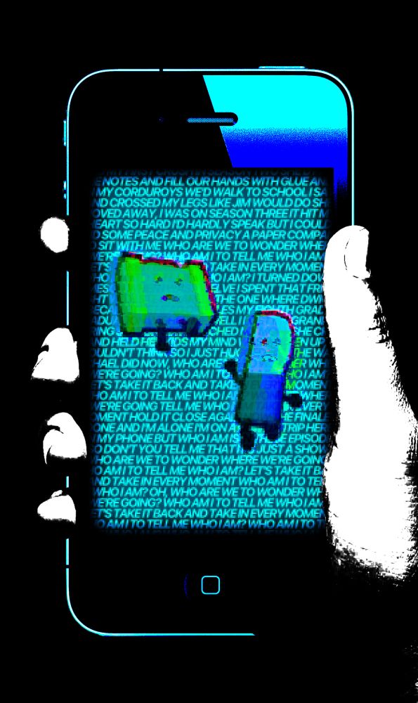 An edited photo of a realistic hand holding an iPhone 4. The hand has been edited to be black and white with high contrast, while the phone is blue with high contrast. On the screen of the phone are Suitcase and Knife from Inanimate Insanity, both illuminated in blue, glitching out, and staring into the distance with looks of broken horror on their faces. Behind them is a blue background with the entire lyrics to AJR's Netflix Trip lit up in a notably compressed version of the San Francisco font, typically used as the default font of Apple products.