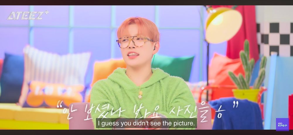 Screenshot of Hongjoong from ATEEZ+, directed at Mingi: I guess you didn’t see the picture