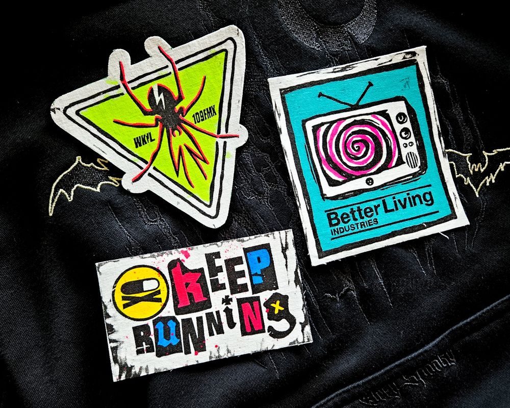 A set of linocut patches inspired by My Chemical Romance's Danger Days album