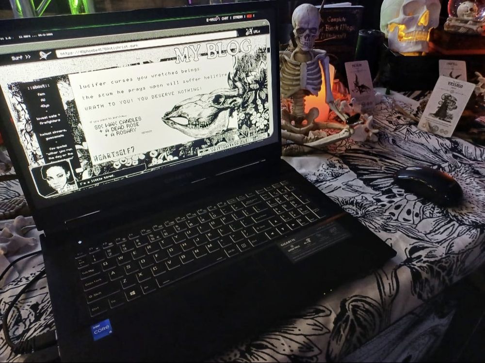 a photo of a laptop displaying the game darkwebSTREAMER. the words "my blog" are visible as well as a black and white bison skull. there is strange stuff in the background, including multiple lit up skulls, tarot cards and candles