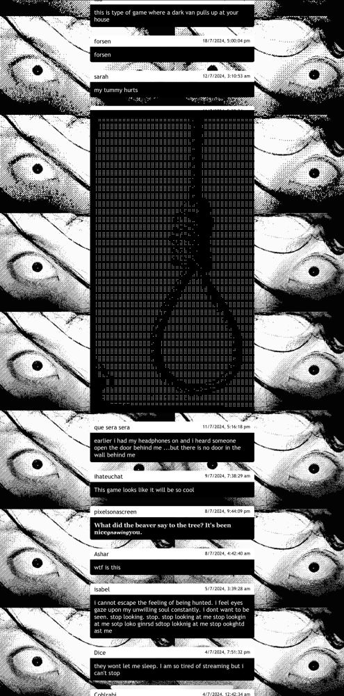 picture of black and white webpage with creepy eyes tiling across the background, and various weird messages and jokes, as well as an ASCII picture of a noose