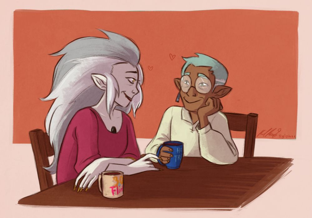 a colored drawing of raine and eda sitting at a table while gazing at each other lovingly. there are two mugs on the table as well