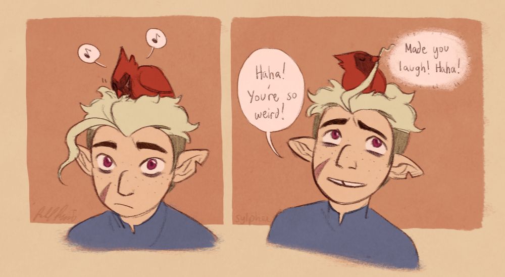 a two-panel comic of flapjack pulling on hunter's hair
Hunter: Haha! You're so weird!
Flapjack: (Made you laugh! Haha!)