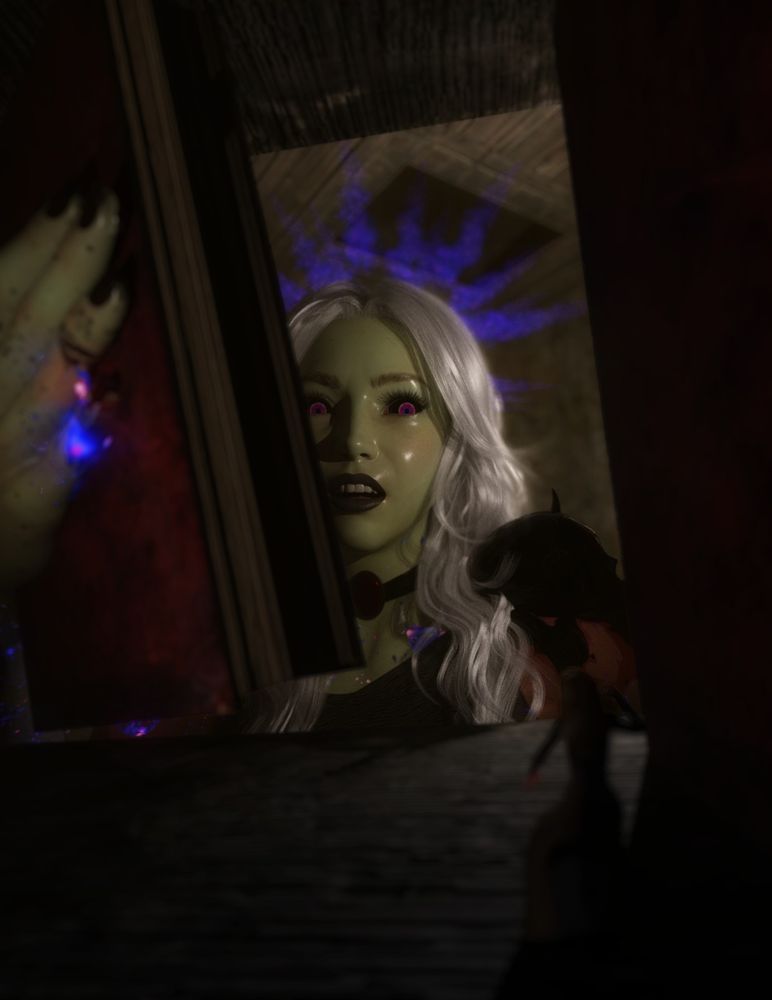 Vizara lifts a book from a shelf revealing a tiny woman, just barely visible in the light reaching the back of the shelf.