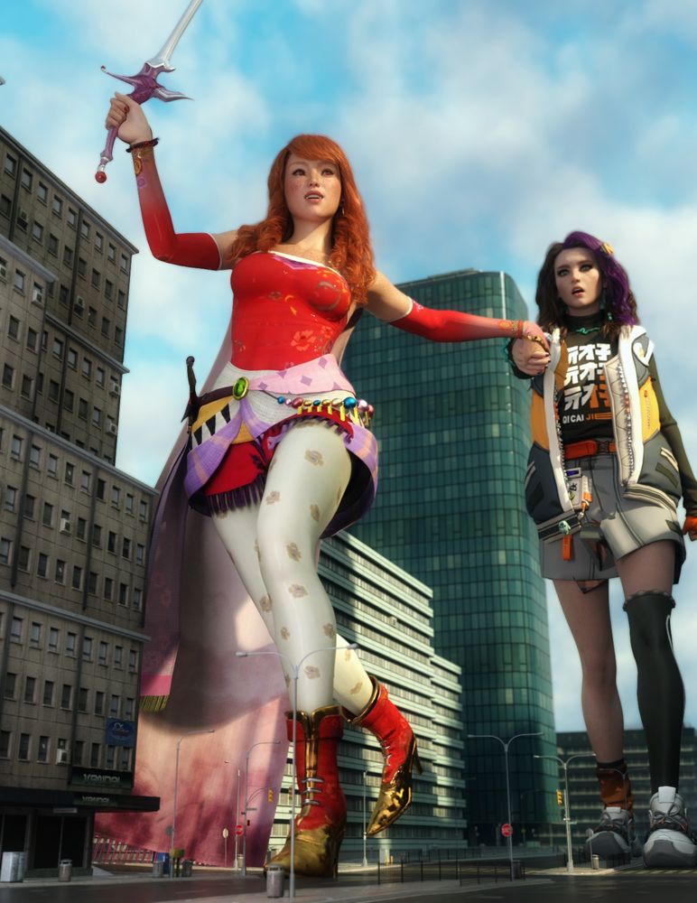 Cherie is dressed as Terra from FF6, pulling Amy down the tiny street, who is dressed as Belle from ZZZ.
