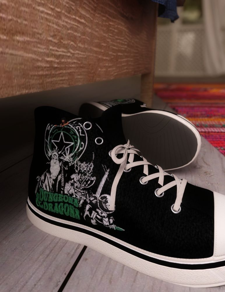 A tiny woman poking her head out of a converse sneaker emblazoned with a dungeons and dragons graphic.