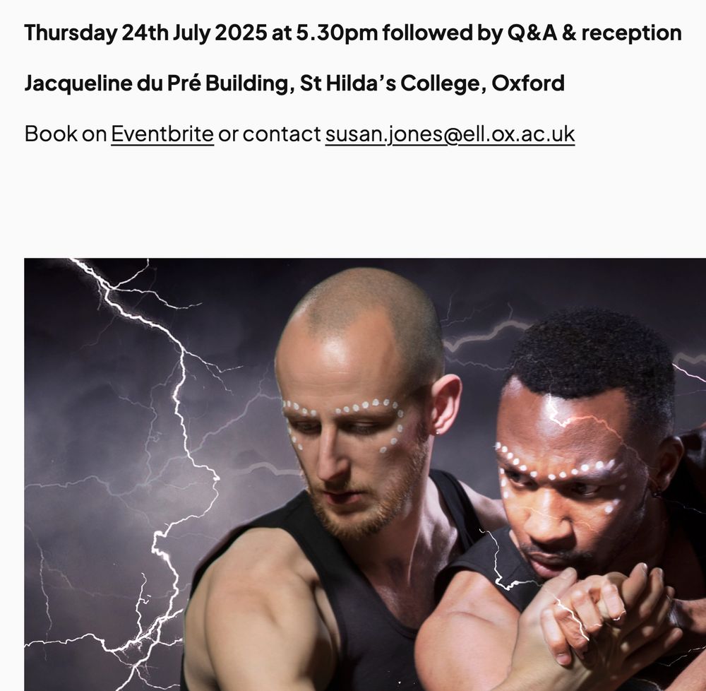 An image of two dancers and text that says "Thursday 24th 24thJuly July 2025 at 5.30pm followed by Q&A & reception Jacqueline du Pré Building, St Hilda' College, Oxford Book on Eventbrite or contact susan,jones@ell.ox.ac.uk"