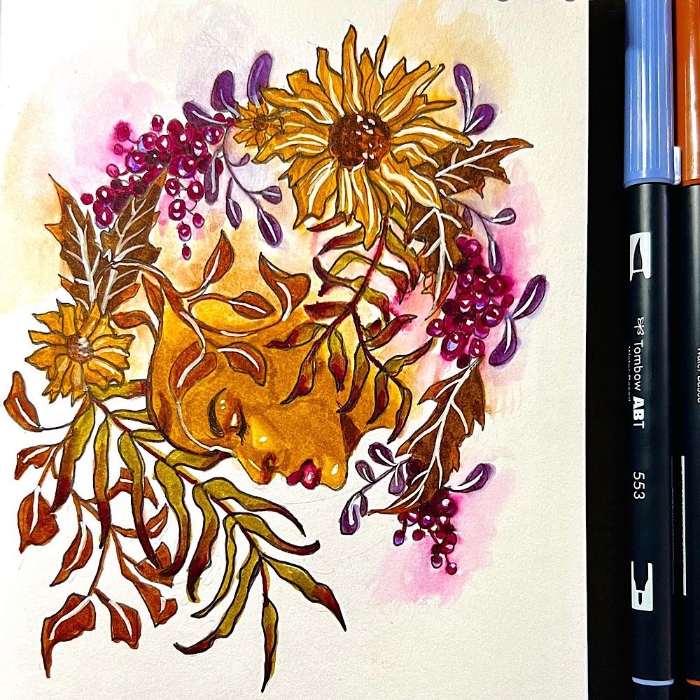 Wreath shaped design of a woman’s face swirled with autumnal plants.  The palette is earthy and warm.
