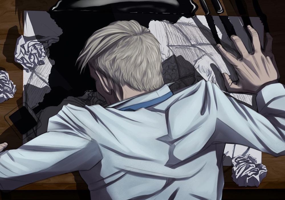 A man in emotional distress, hunched over a wooden table. Underneath him a big sketch showing two children in the rain, ink spread over all of it. Crumpled paper all around, he draggs his fingers through the spilled ink.