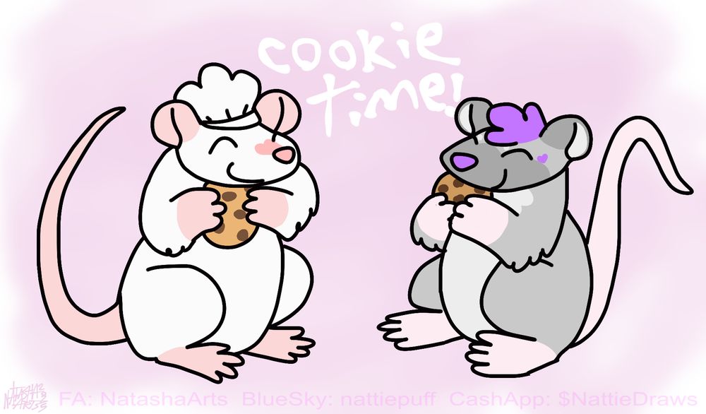 drawing of a rat and a mouse enjoying cookies together. one white and pink, one grey and purple